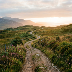 A winding dirt path surrounded by green hills and wildflowers with mountains in the background under a cloudy sunset sky