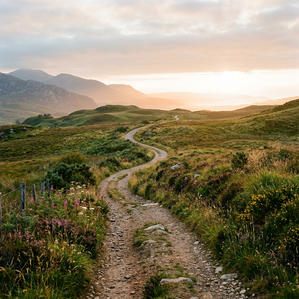 A winding dirt path surrounded by green hills and wildflowers with mountains in the background under a cloudy sunset sky